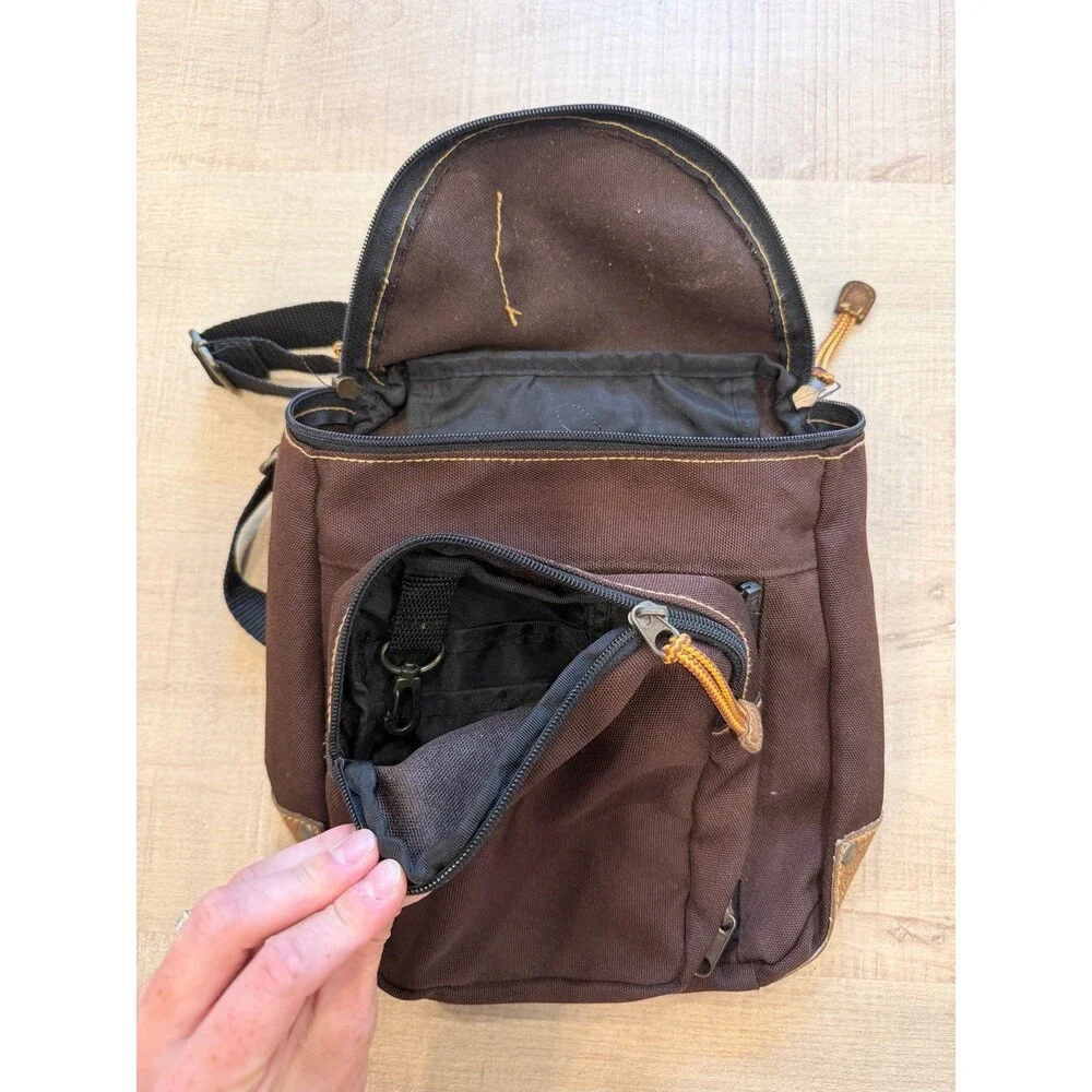Vintage Fossil Brown Canvas Mini Backpack Utility Travel Bag Leather Trim Y2K